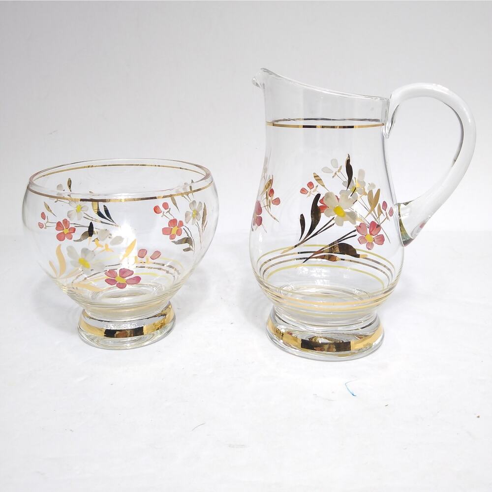 Vintage Bohemian Hand-painted Glass Creamer And Sugar Bowl Set